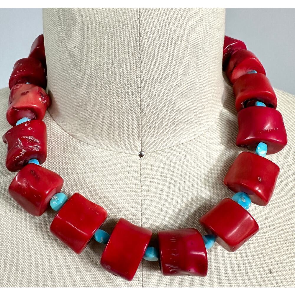 Huge Chunky Natural Red Coral & Turquoise Sterling Choker Necklace 20"